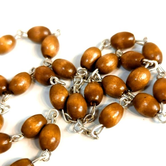 Wooden Bead & Silver Tone Catholic Rosary Necklace Prayer Beads - Picture 4 of 6